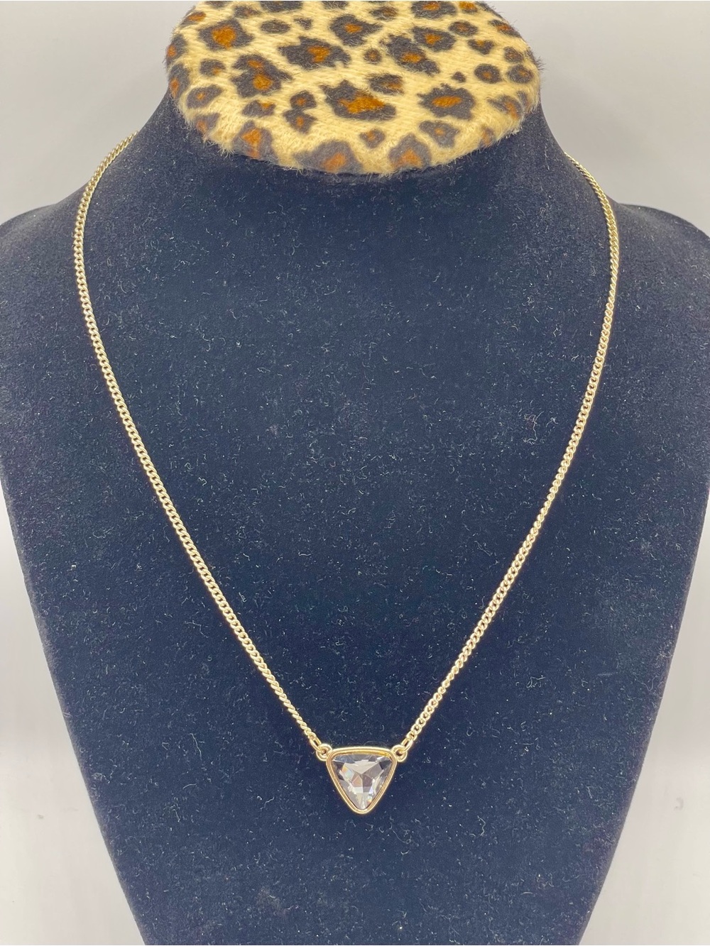 Gold Tone Necklace with Iridescent Faceted Gray Triangle Rhinestone Pendant